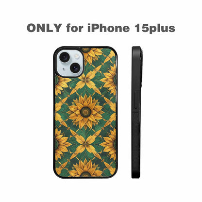 iPhone 15 Plus Case — Sunflower Mandala Kaleidoscope, Custom Made Phone Cover