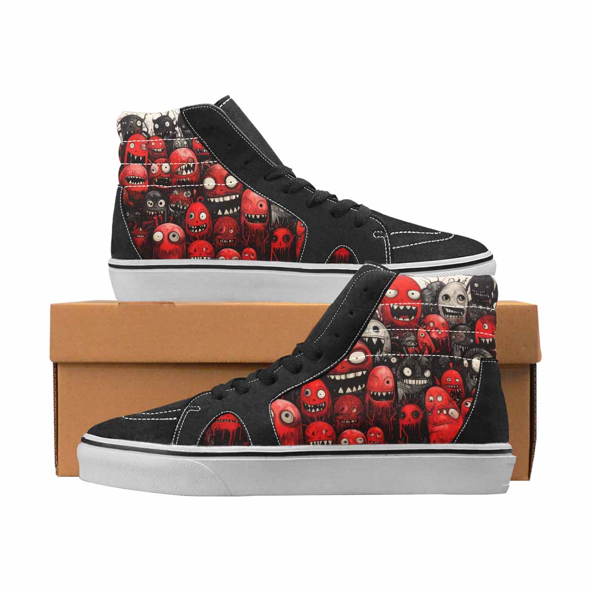 WOMEN'S Monsters Black & Red Ink High Top Canvas Bold Print Grunge Custom Sneakers