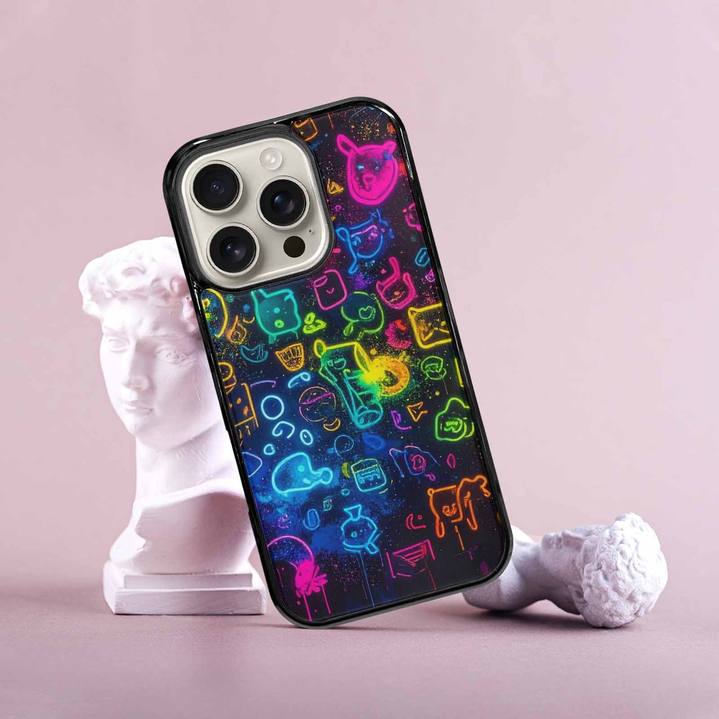 iPhone 16 Pro Case — Neon Glow Outline Icon Pattern Hundreds, Custom Art Phone Cover