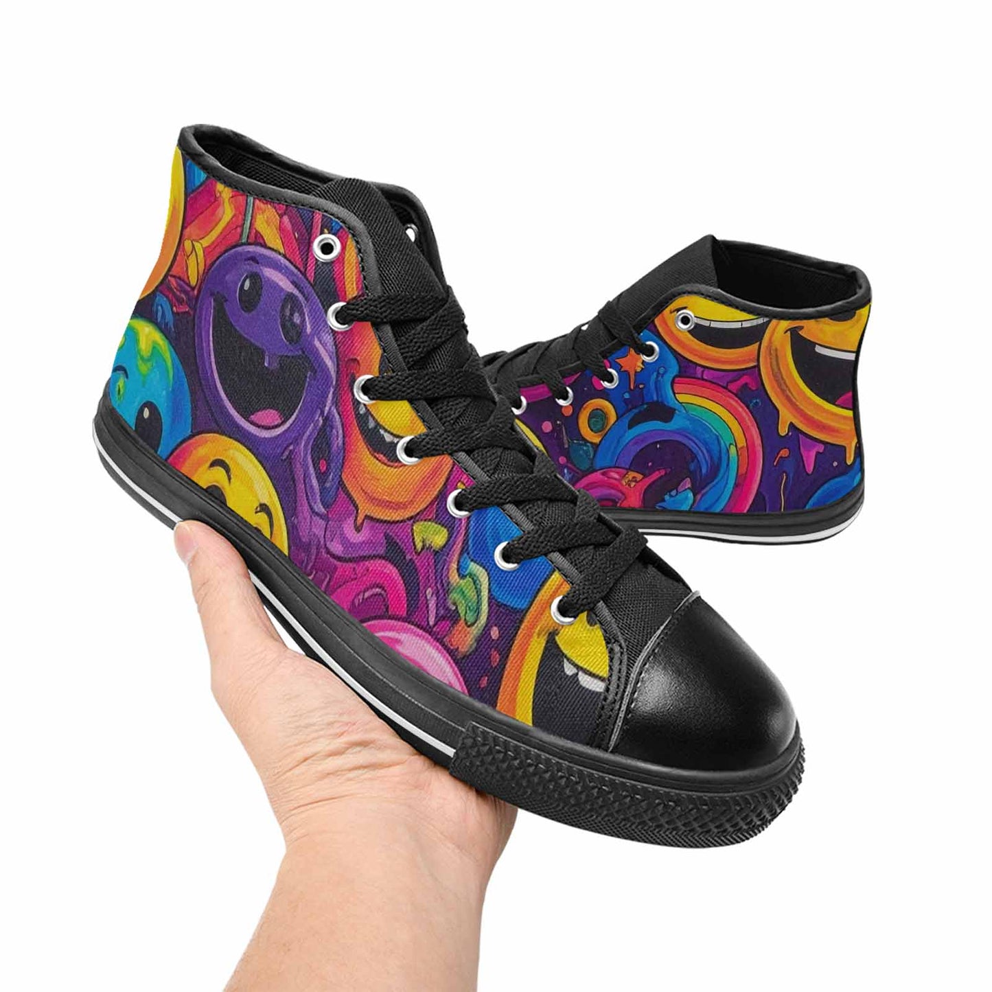 MEN'S Yellow Smiley Face High Top Canvas Wallpaper Art Sneakers