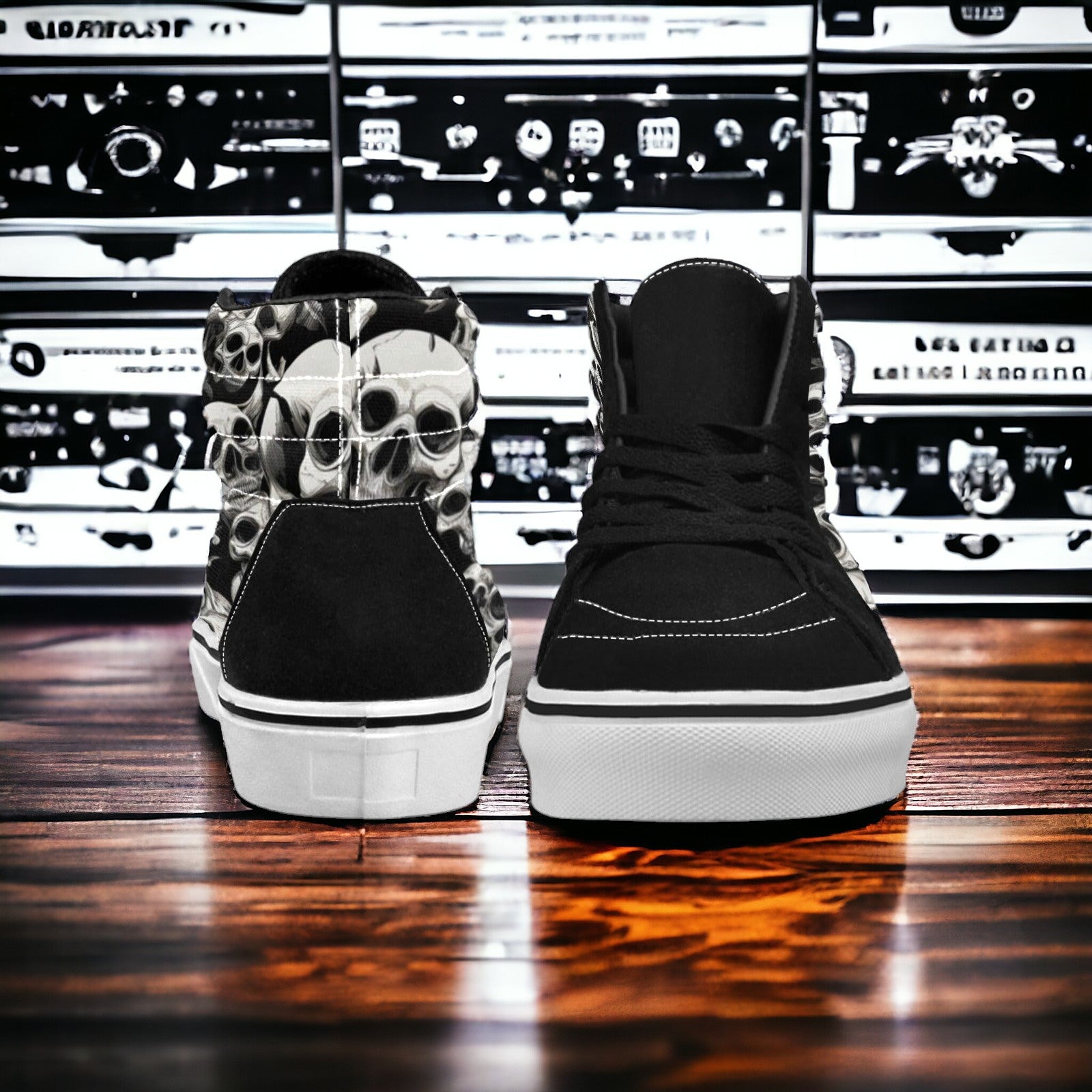 Custom Men's Skulls Mania high-top canvas shoes with bold all-over art — Freaky Shoes