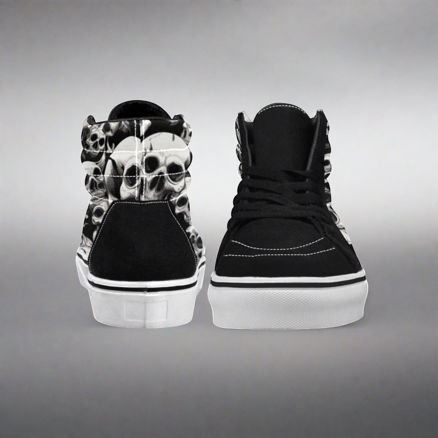 Women's Skulls Mania hand-made high-top canvas shoes — unique wearable art by Freaky Shoes
