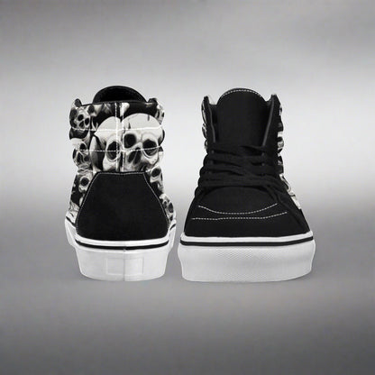 Women's Skulls Mania hand-made high-top canvas shoes — unique wearable art by Freaky Shoes