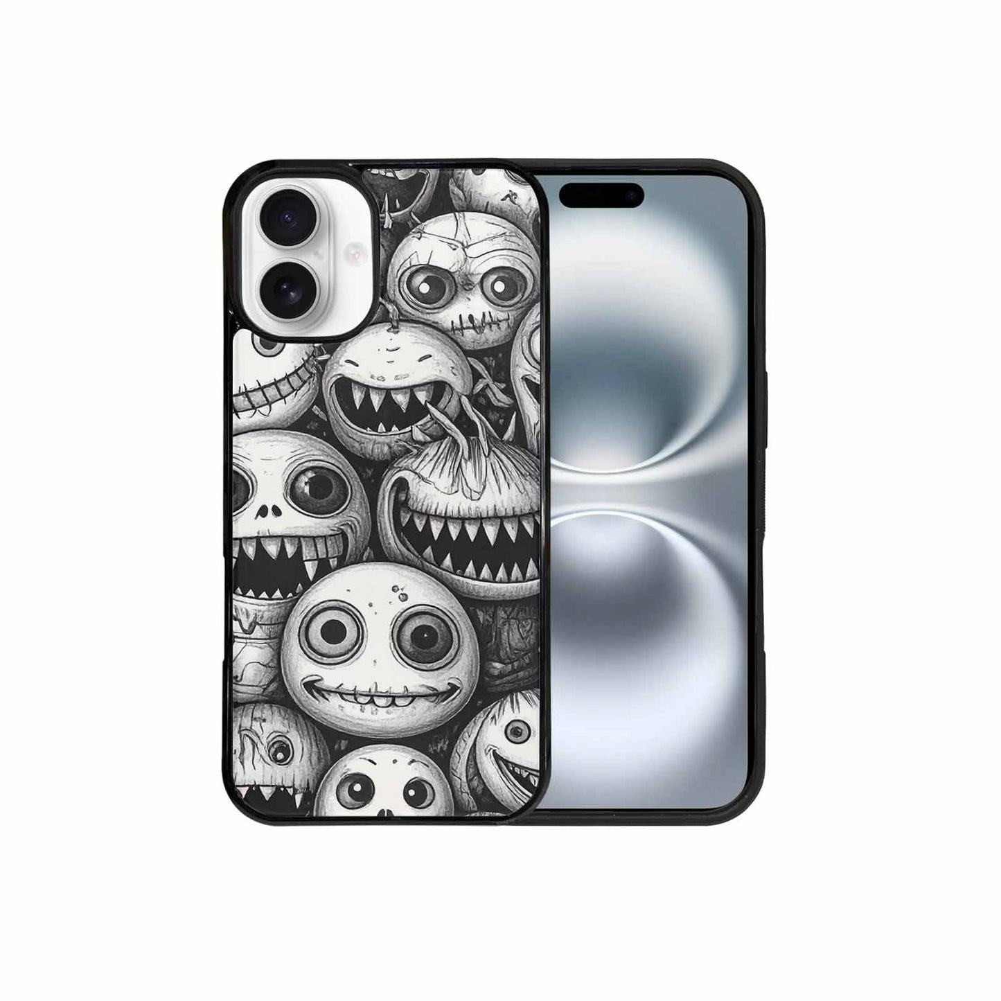 iPhone 16 Plus Case — Black And White Monster Face Collage, Custom Print Case Cover