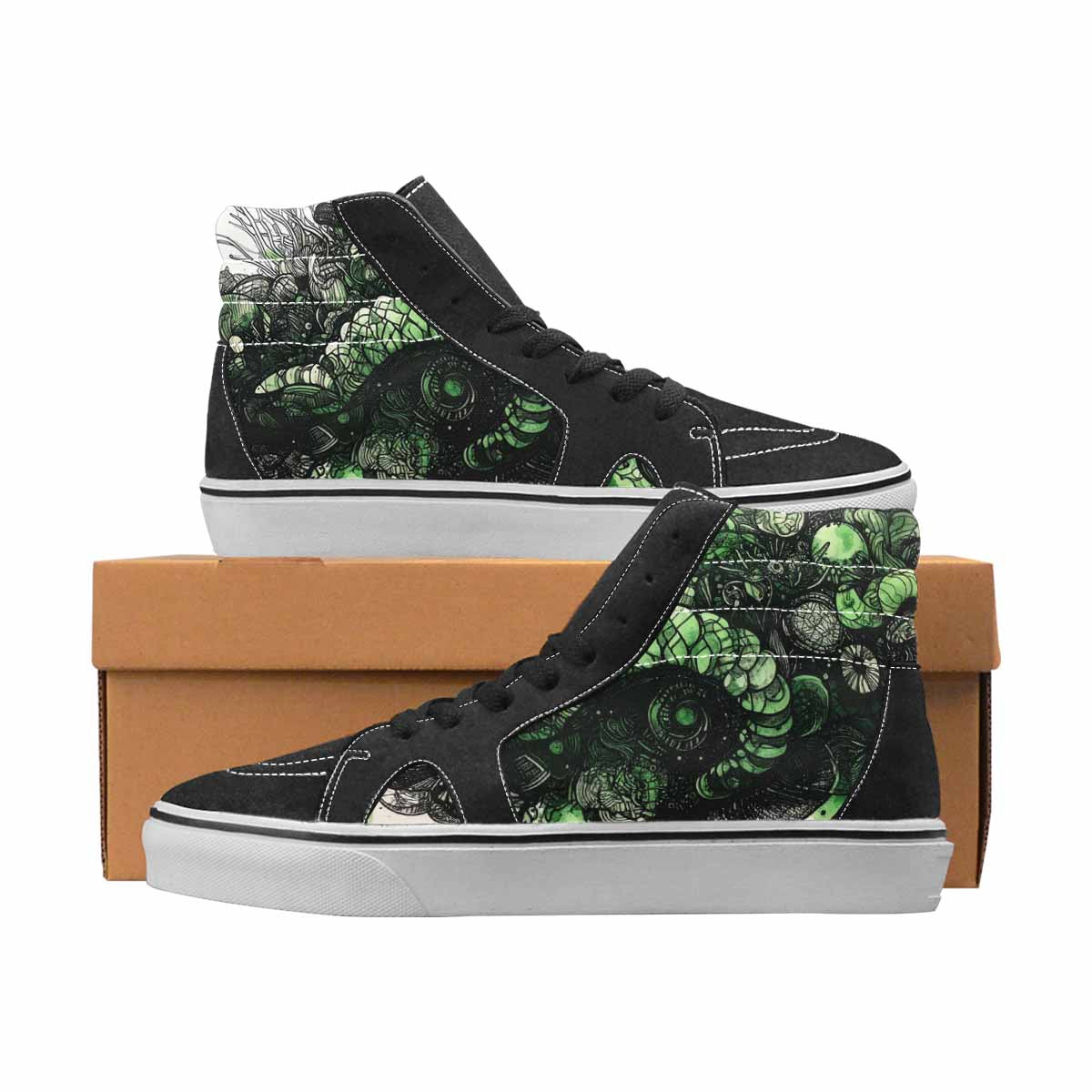 WOMEN'S Sea Creatures Black & Green Ink High Top Canvas Graphic Print Vivid Limited Edition Sneakers