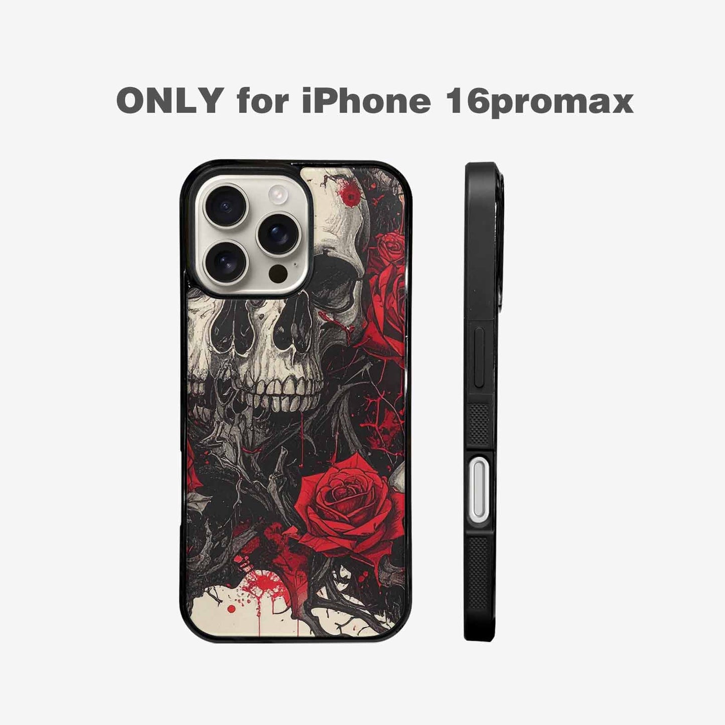 iPhone 16 Pro Max Case — Skull And Roses Black Red Ink, Custom Art Phone Cover