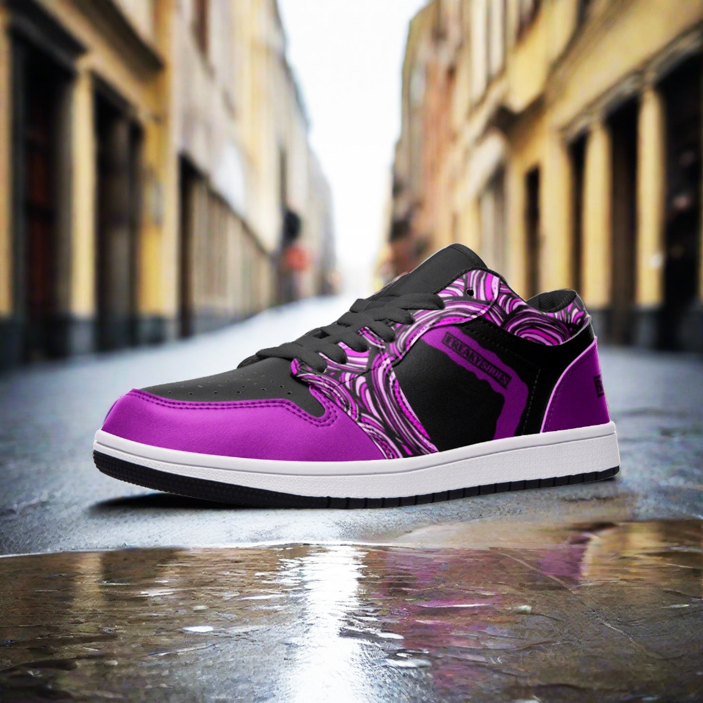 Freaky Shoes® Black and Purple Unisex Low Top Leather Sneakers