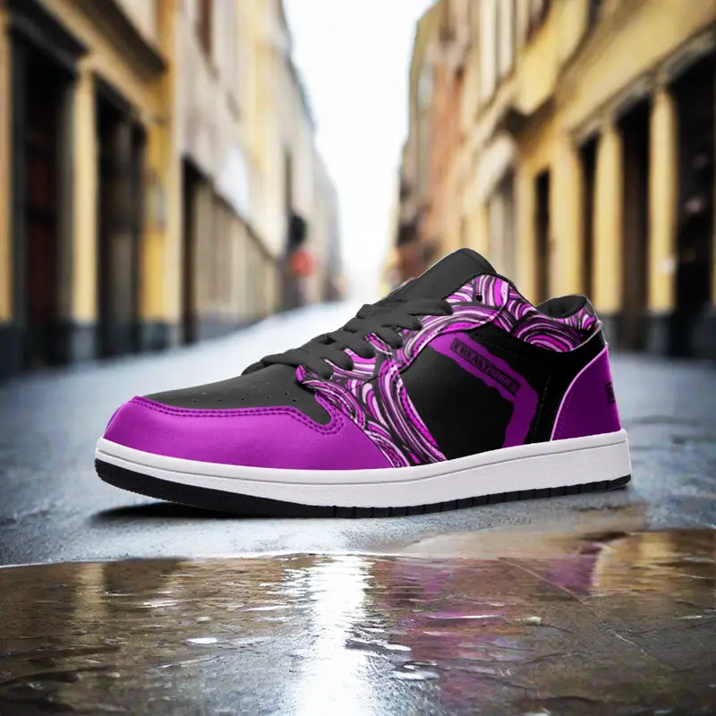Freaky Shoes® Baskets basses unisexes en cuir noires et violettes