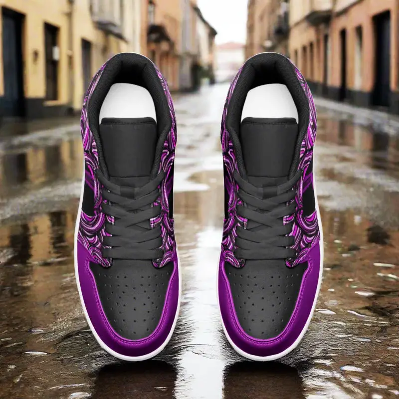 Freaky Shoes® Siyah & Mor Unisex Düşük Bilekli Deri Spor Ayakkabı