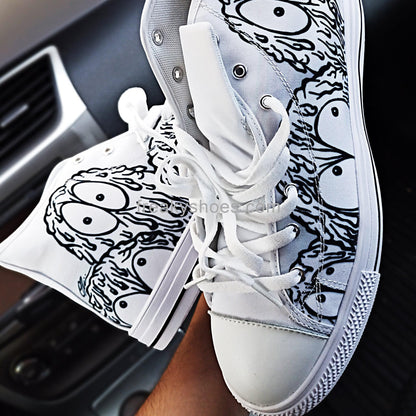 Custom Women's Monsters high-top canvas shoes with bold all-over art — Freaky Shoes