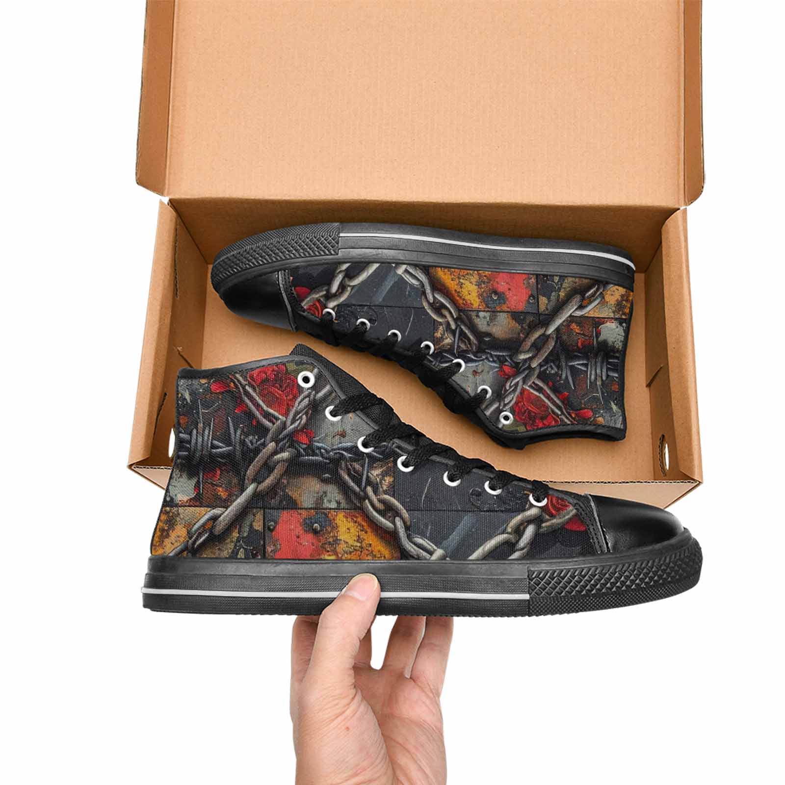 MEN'S Barbed Wire Chain High Top Canvas Wallpaper Art Custom Sneakers