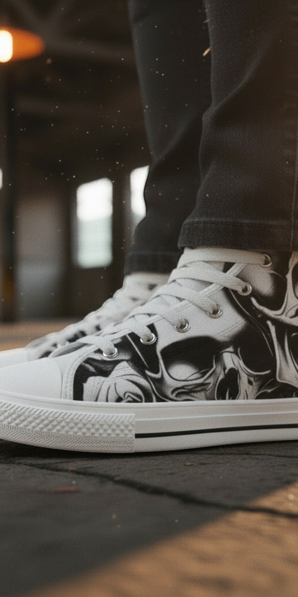 Men's Cartoon Skulls & Roses custom high-top canvas shoes — wearable art by Freaky Shoes