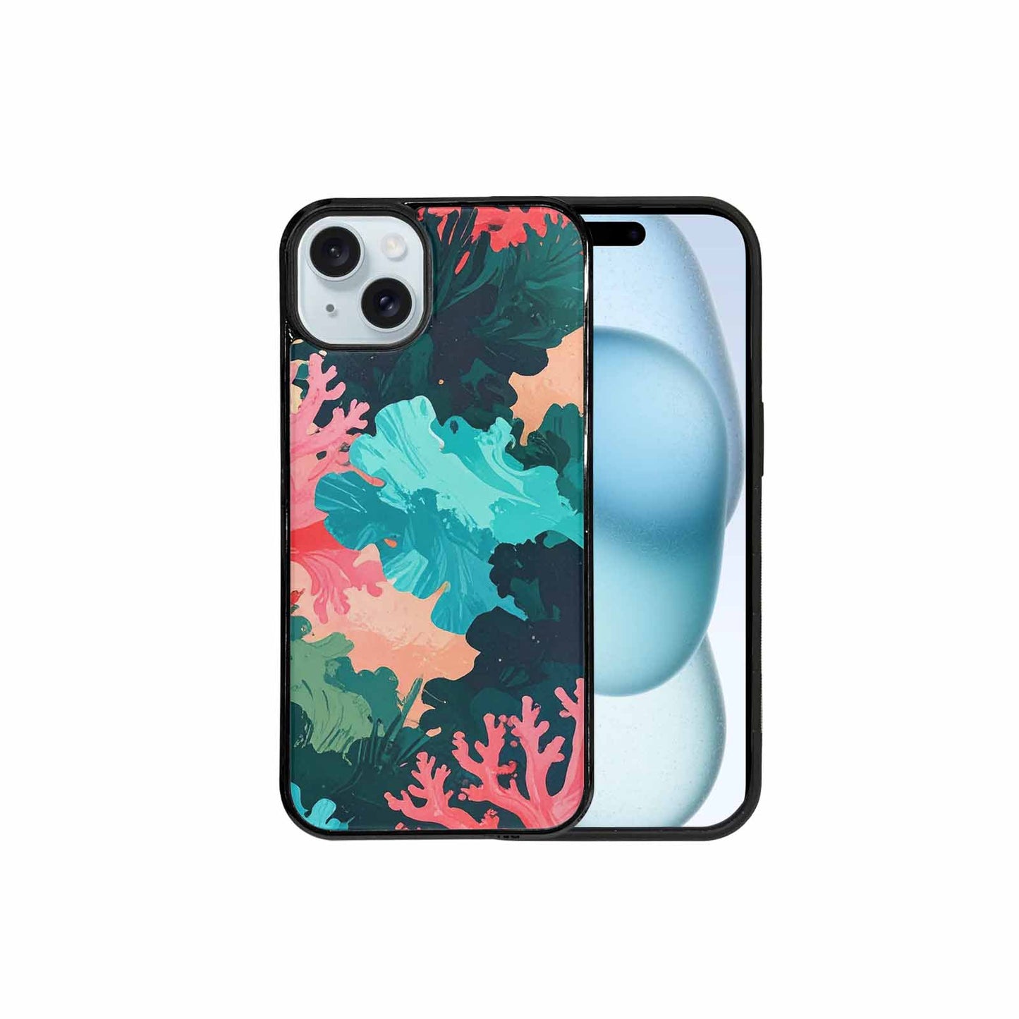 iPhone 15 Plus Case — Camo Coral Turquoise, Original Design Phone Case