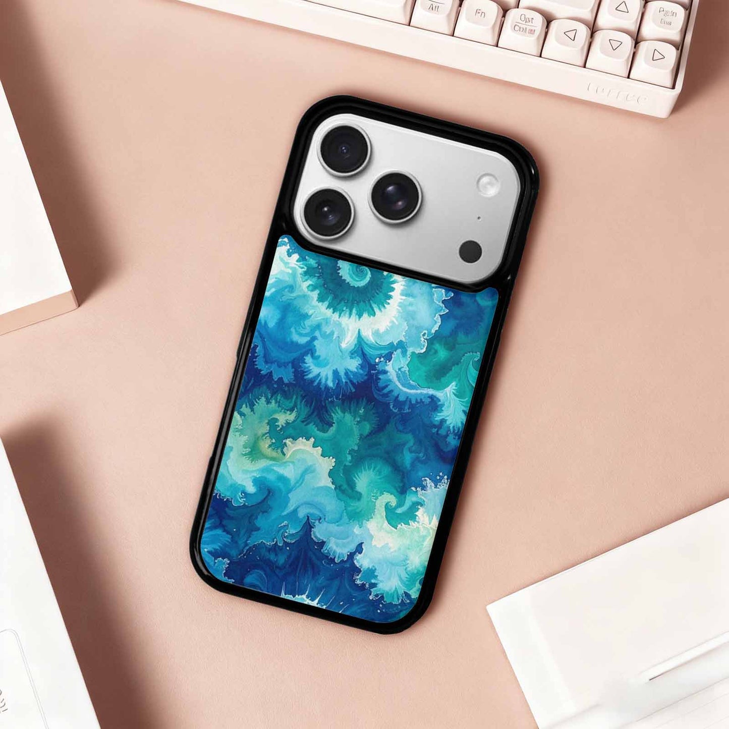 iPhone 17 Pro Case — Tie Dye Ocean Blues Blended Tie, Custom Made Phone Cover