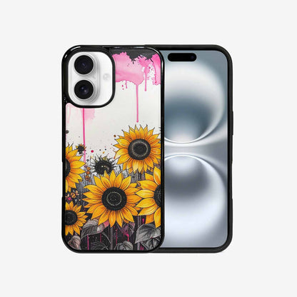 iPhone 16 Case — Sunflower Burst Black Pink Ink Sunflowers, Original Design Phone Case