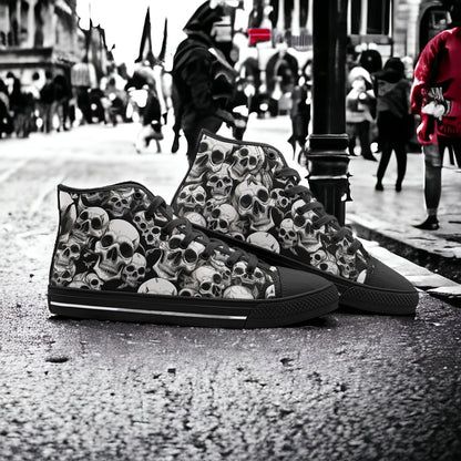Skulls Mania hand-made high-top canvas shoes — unique wearable art by Freaky Shoes