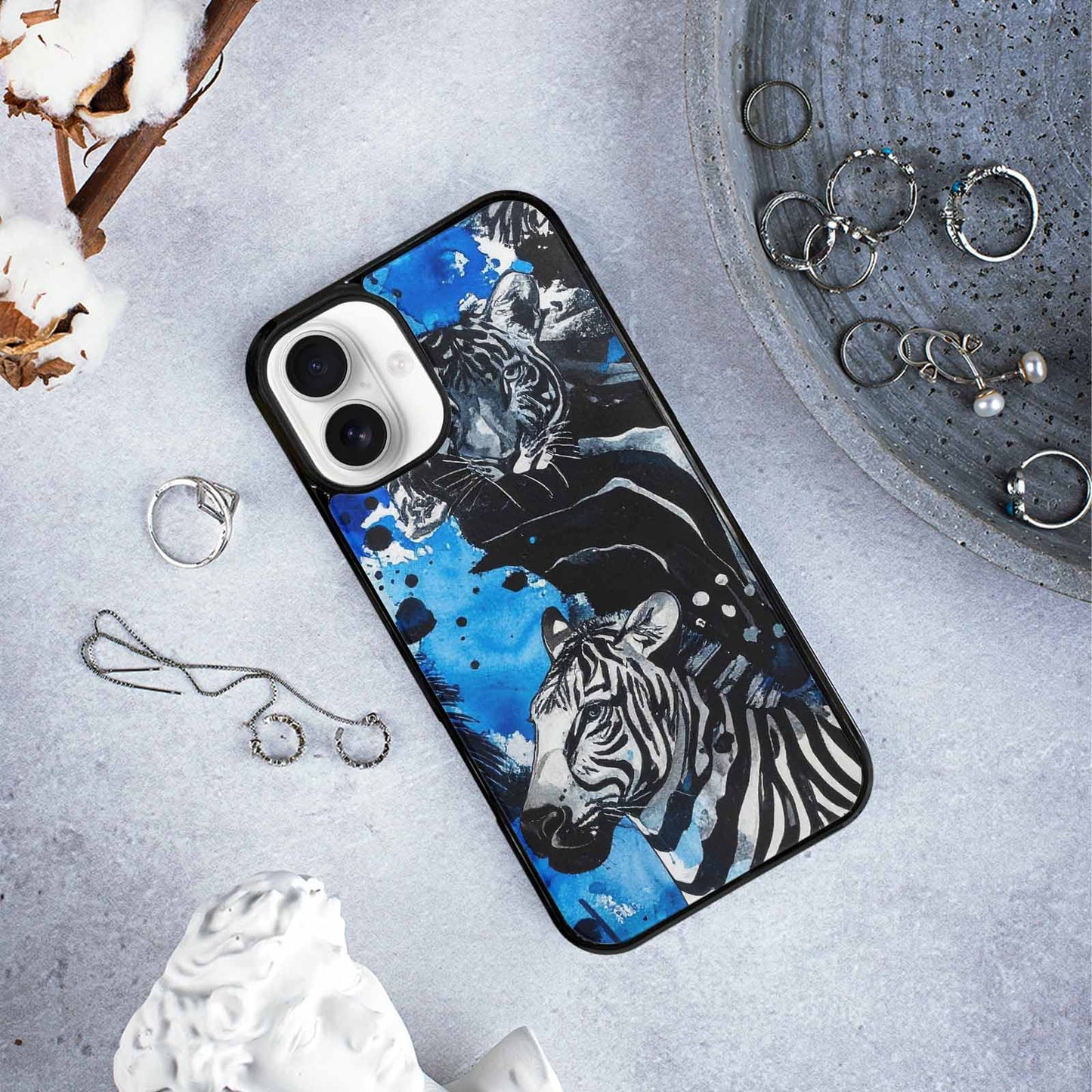 iPhone 16 Plus Case — Animal Print Black Blue Ink Animal, Custom Print Case Cover