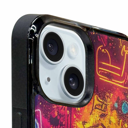 iPhone 15 Plus Case — Neon Glow Outline Icon Pattern Hundreds, Unique Phone Case Design