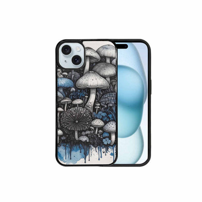 iPhone 15 Plus Case — Mushrooms General Black Blue Ink Mushrooms, Custom Phone Case