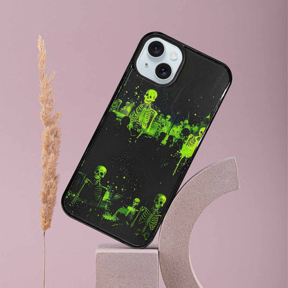 iPhone 15 Plus Case — Skeletons Neon Green Glow Skeletons Pattern, Custom Art Phone Cover