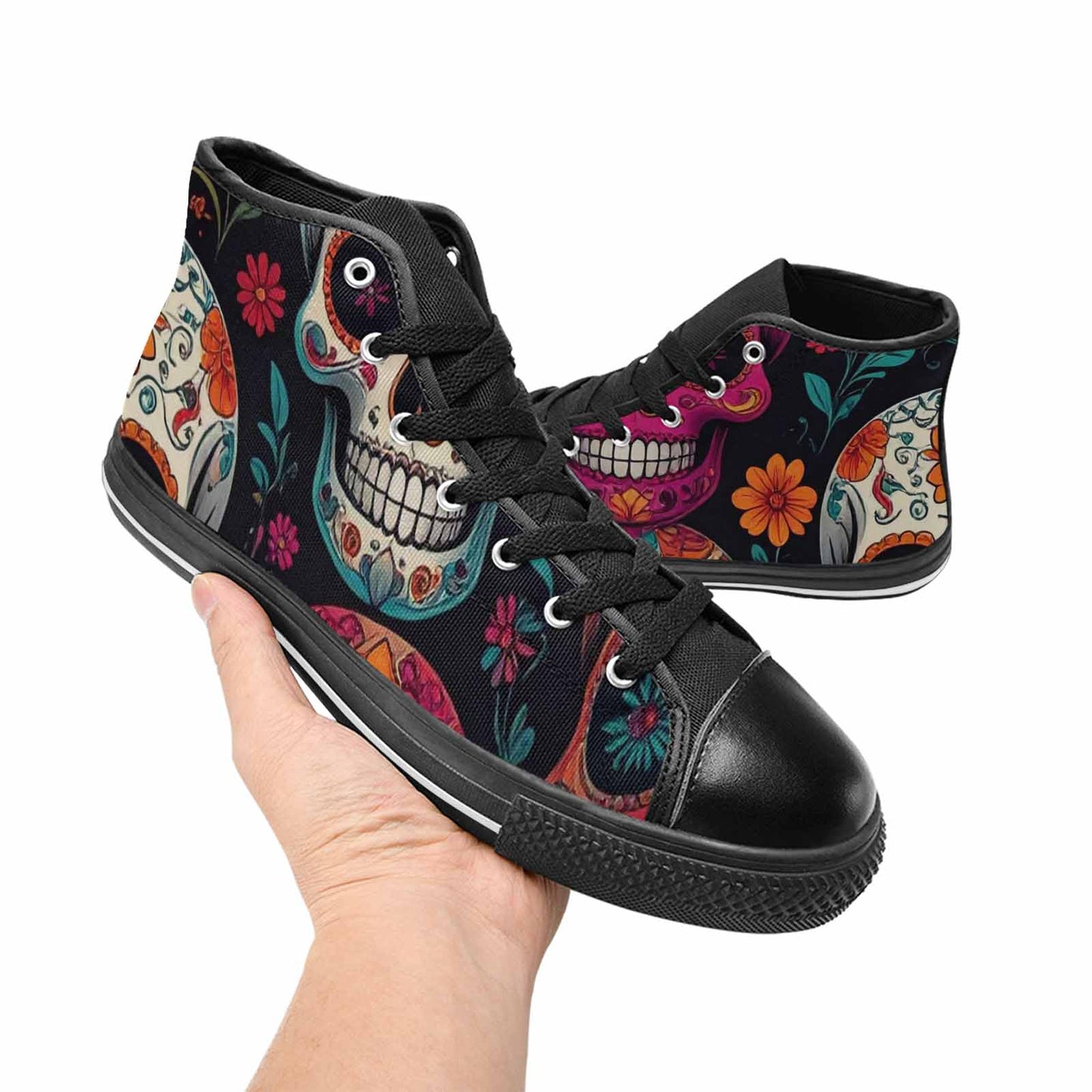 WOMEN'S Dia De Los Muertos Sugar Skull High Top Canvas Dark Academia Custom Sneakers