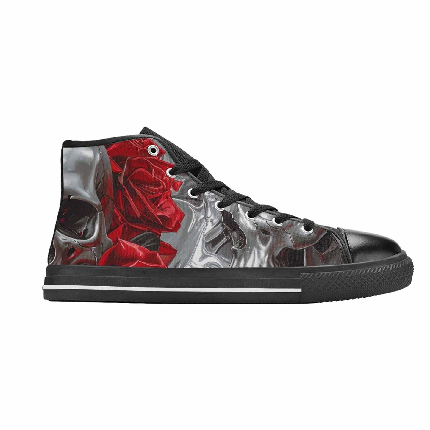 MEN'S Skulls Roses Chrome Airbrush High Top Canvas Wallpaper Art Custom Shoes