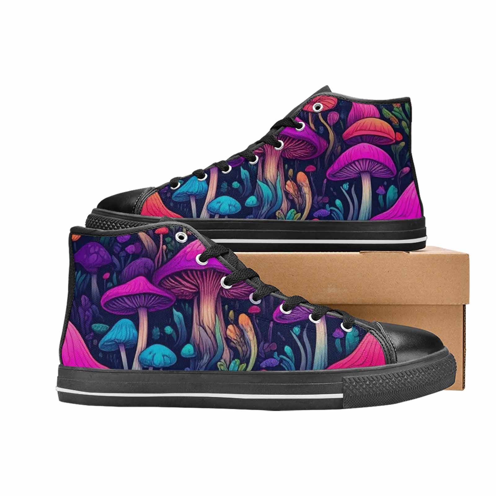 WOMEN'S Psychedelic Mushroom High Top Canvas Neon Fantasy Custom Sneakers