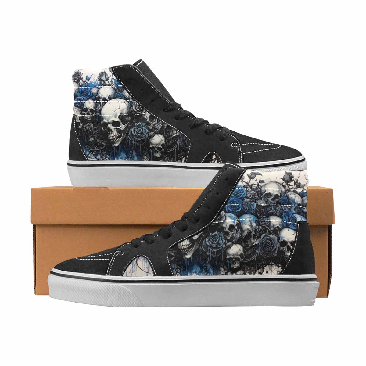 WOMEN'S Skulls Black & Blue Ink High Top Canvas Unique Print Cottagecore Sneakers