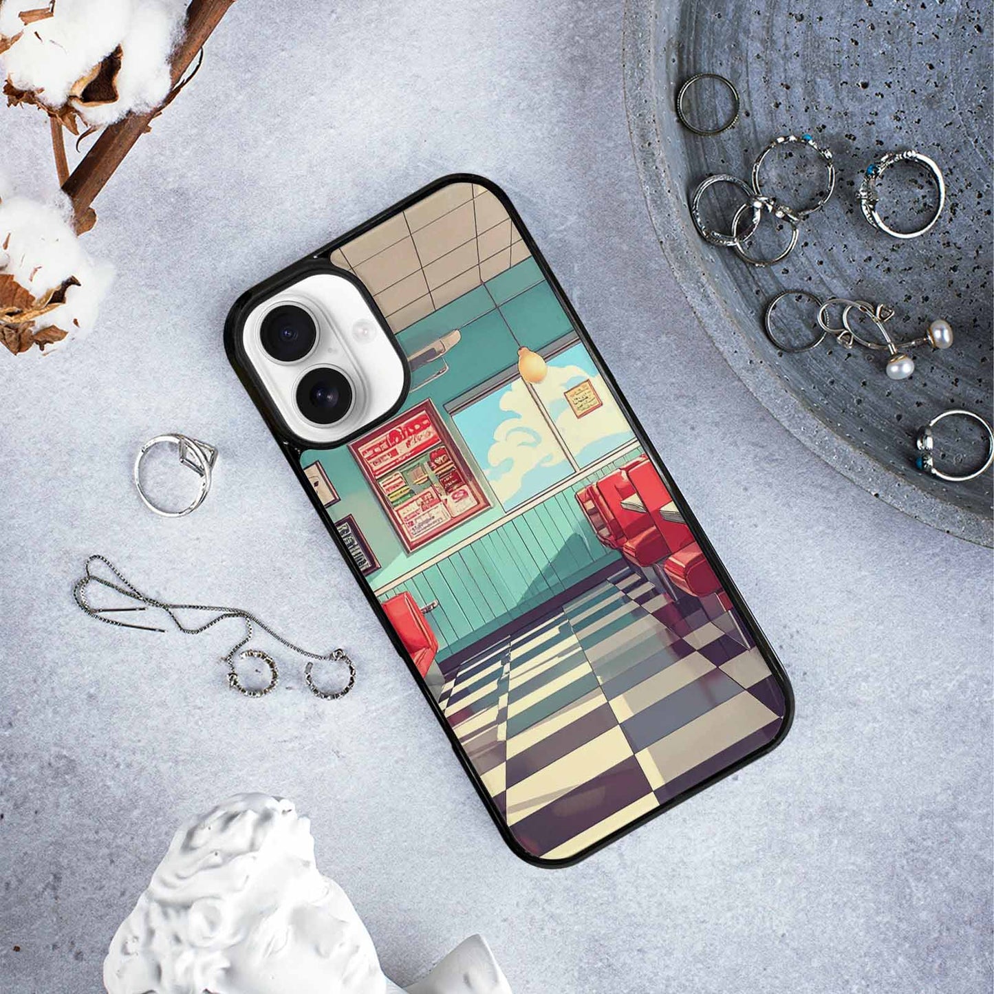 iPhone 16 Plus Case — 1950s Diner Cartoon Art Pattern, Custom Print Case Cover