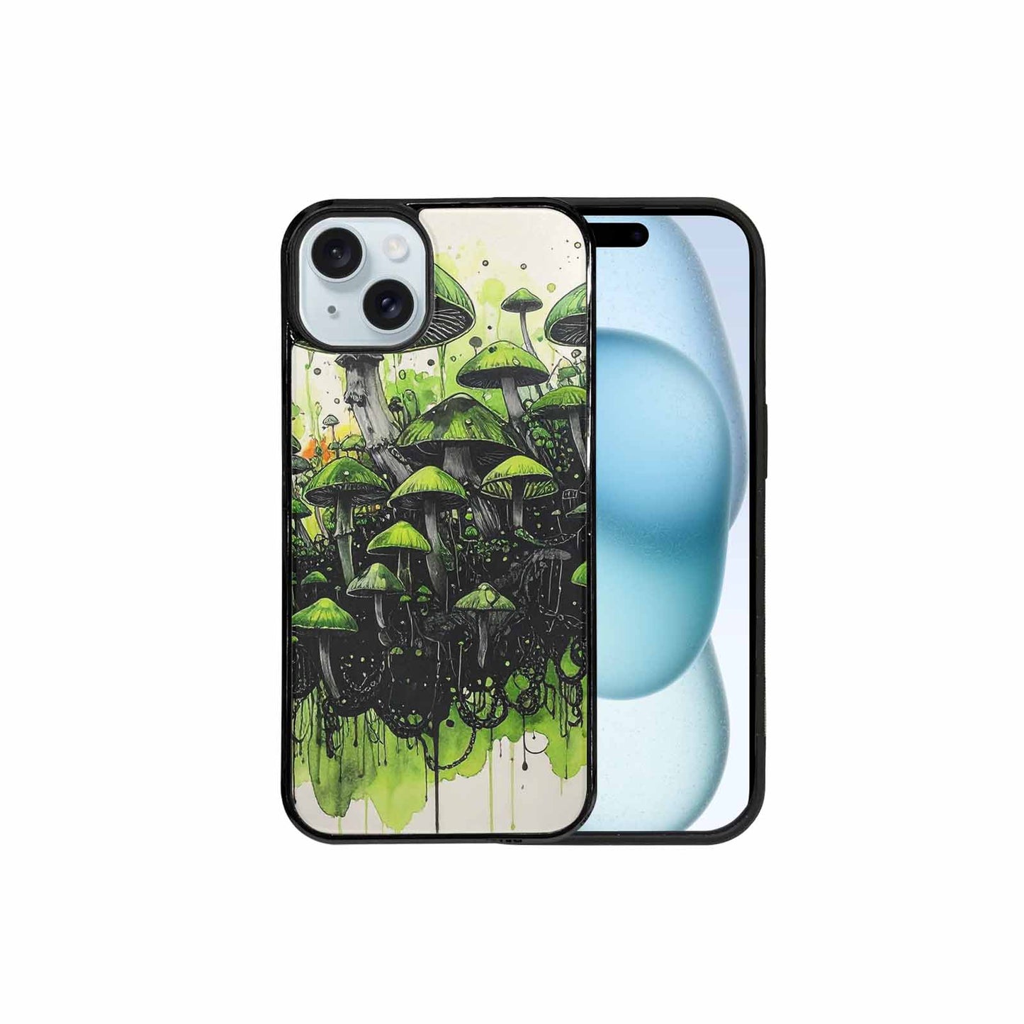 iPhone 15 Plus Case — Rainbow Drip Mushrooms Black Green Ink, Unique Phone Case Design