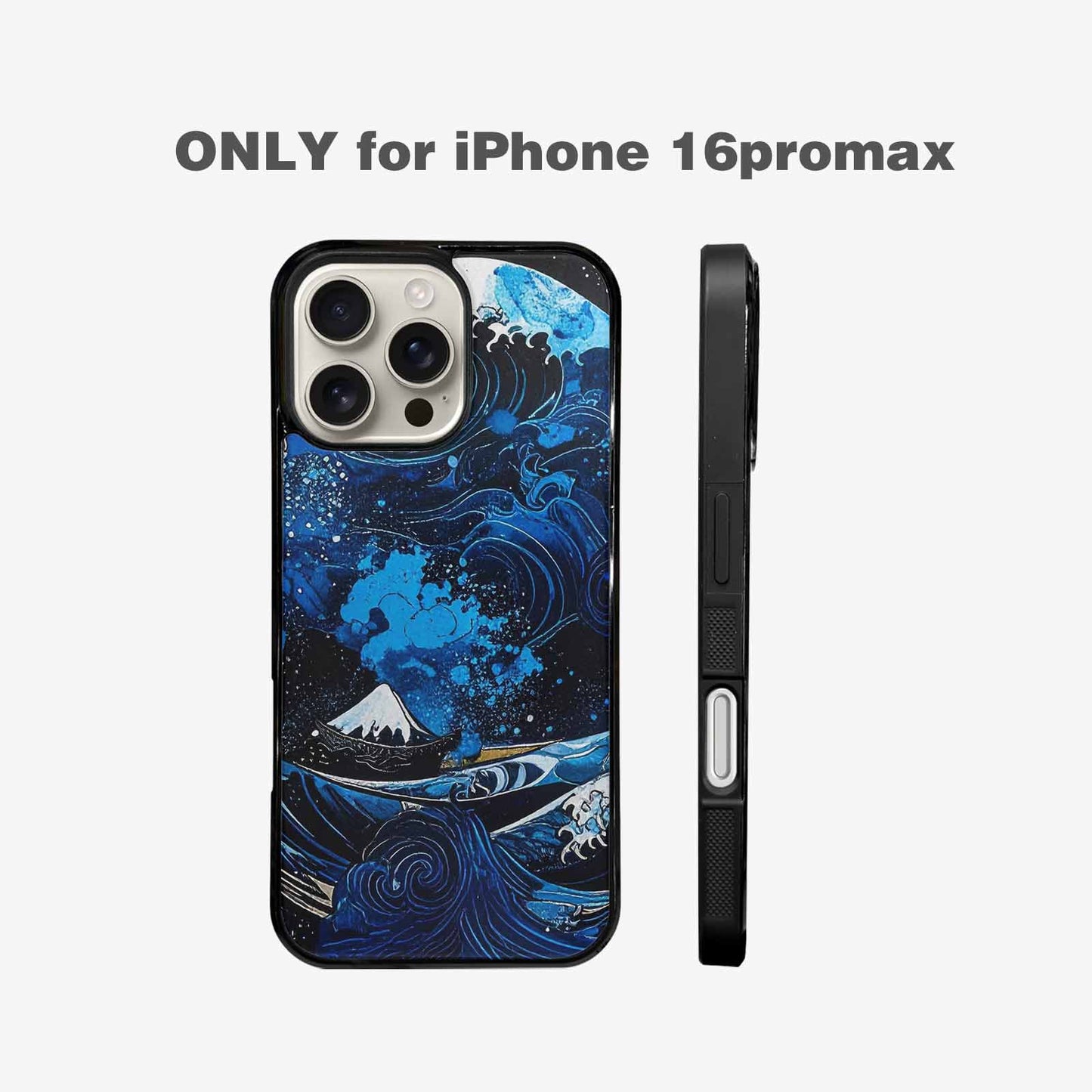 iPhone 16 Pro Max Case — Nautical Wave Black Blue Ink Wave, Unique Phone Case Design