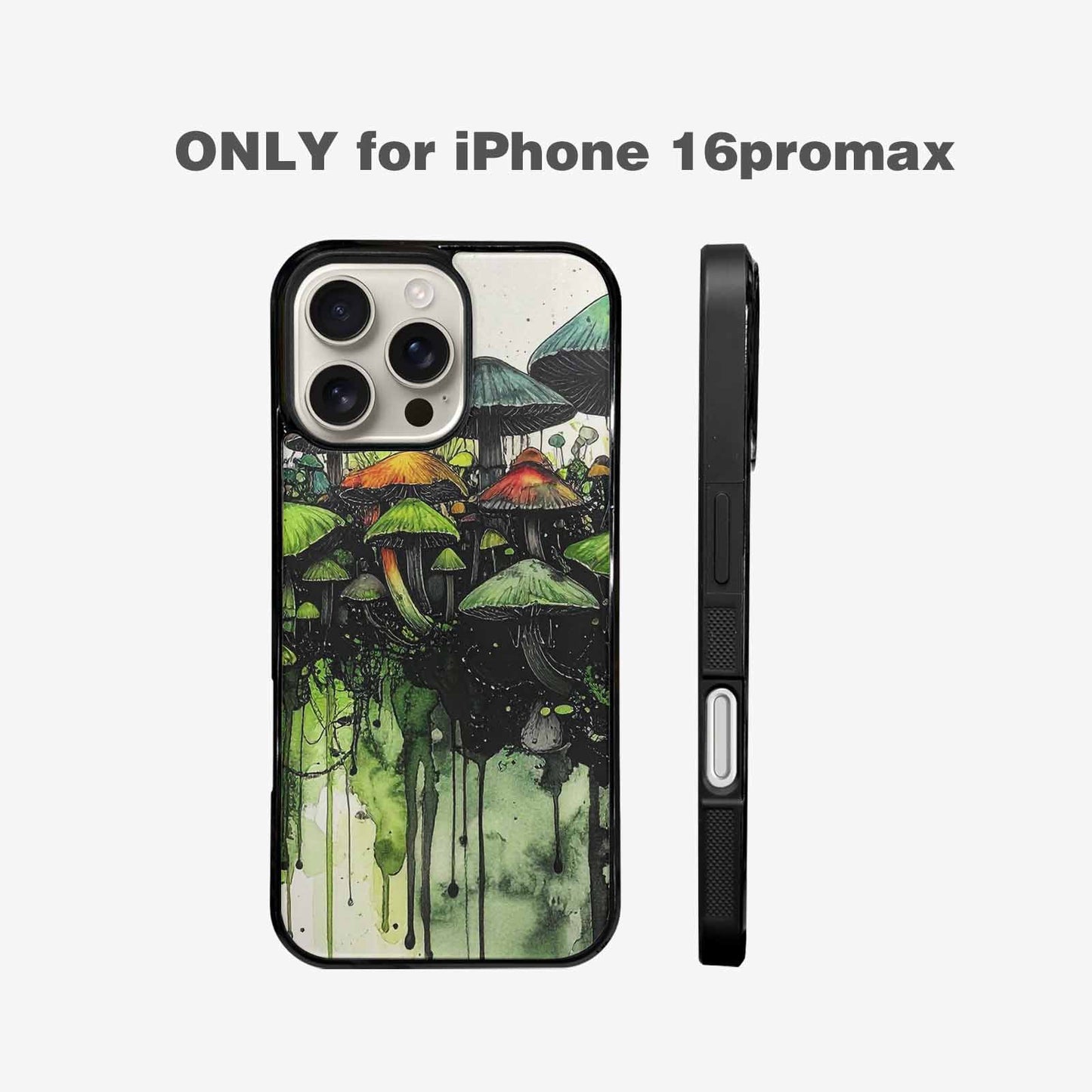 iPhone 16 Pro Max Case — Rainbow Drip Mushrooms Black Green Ink, Custom Art Phone Cover