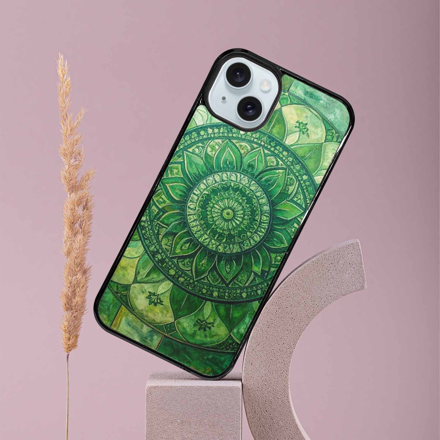 iPhone 15 Plus Case — Green Mandala Bohemian Print Edge To, Custom Art Phone Cover
