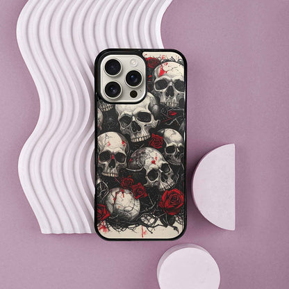 iPhone 16 Pro Max Case — Skull And Roses Black Red Ink, Custom Printed Phone Case