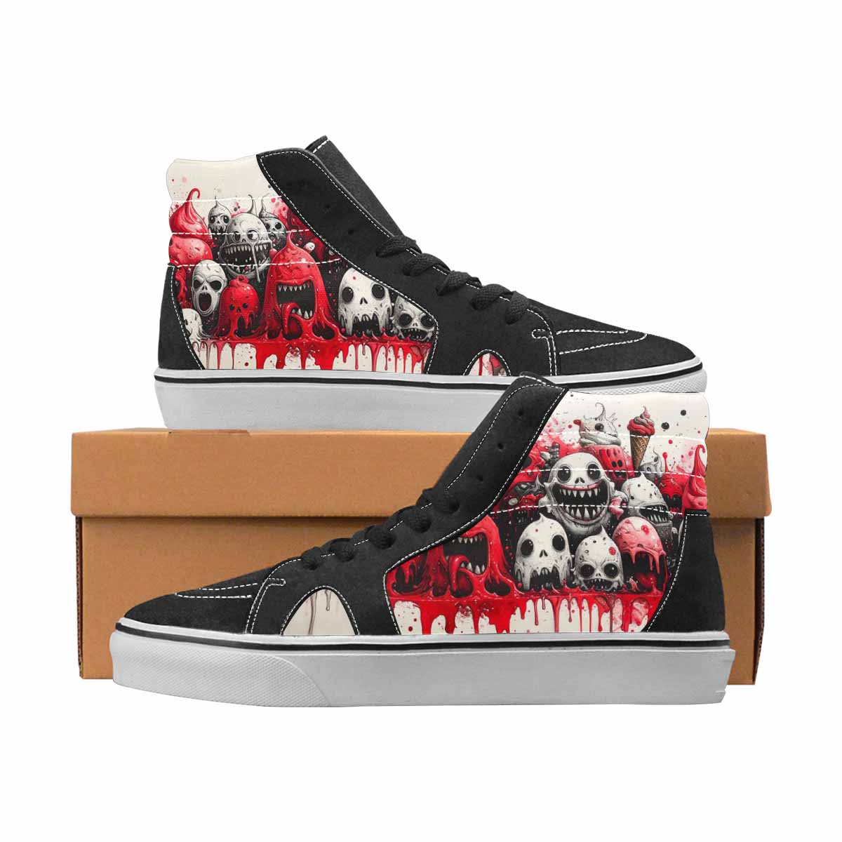 WOMEN'S Monsters Black & Red Ink High Top Canvas Custom Design Wallpaper Art Sneakers