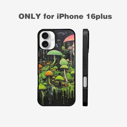 iPhone 16 Plus Case — Rainbow Drip Mushrooms Black Green Ink, Custom Print Case Cover