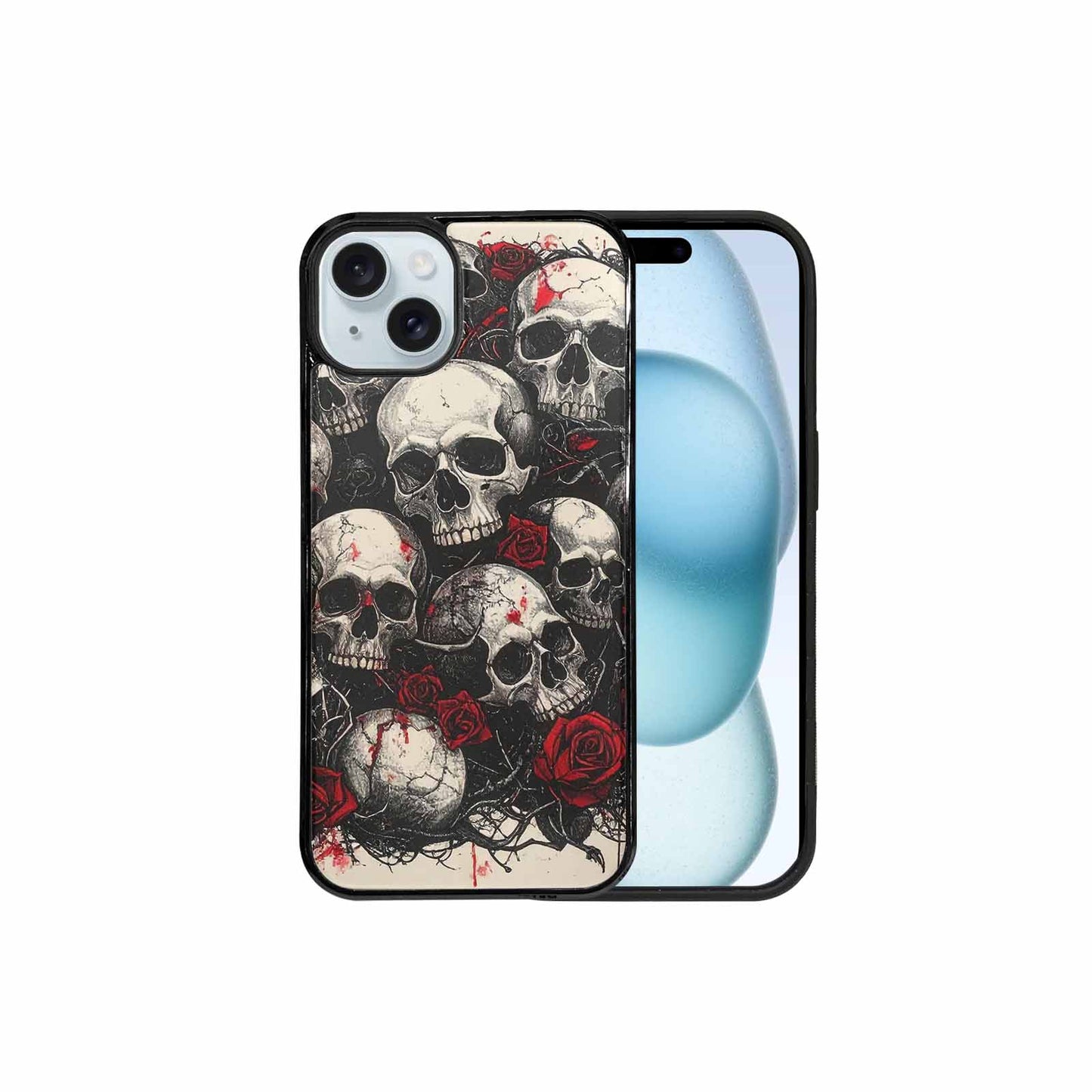 iPhone 15 Plus Case — Skull And Roses Black Red Ink, Custom Made Phone Cover