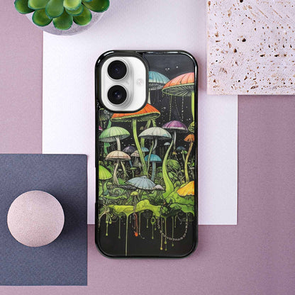 iPhone 16 Case — Rainbow Drip Mushrooms Black Green Ink, Original Design Phone Case