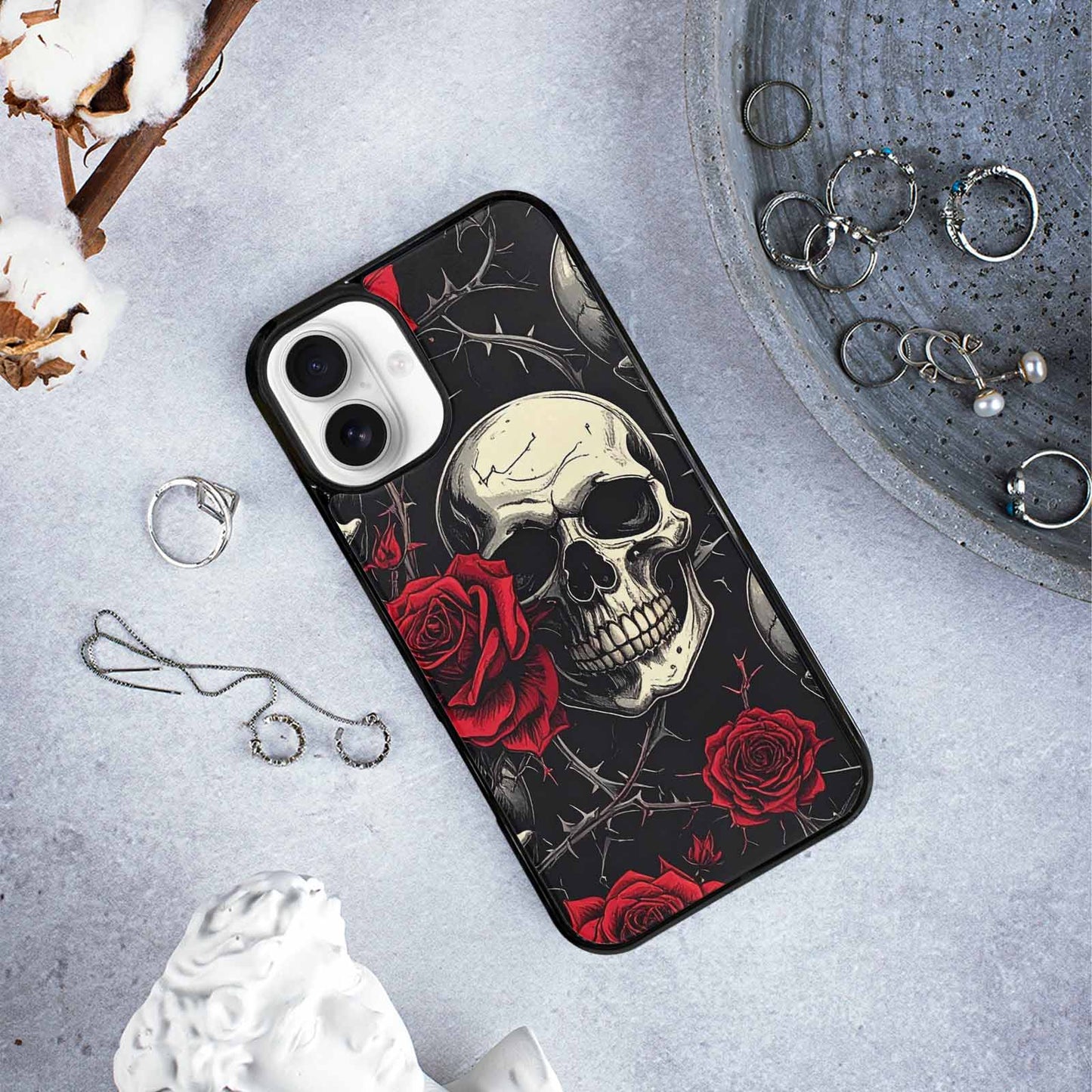 iPhone 16 Plus Case — Ornate Gothic Skulls Roses, Personalized Phone Case