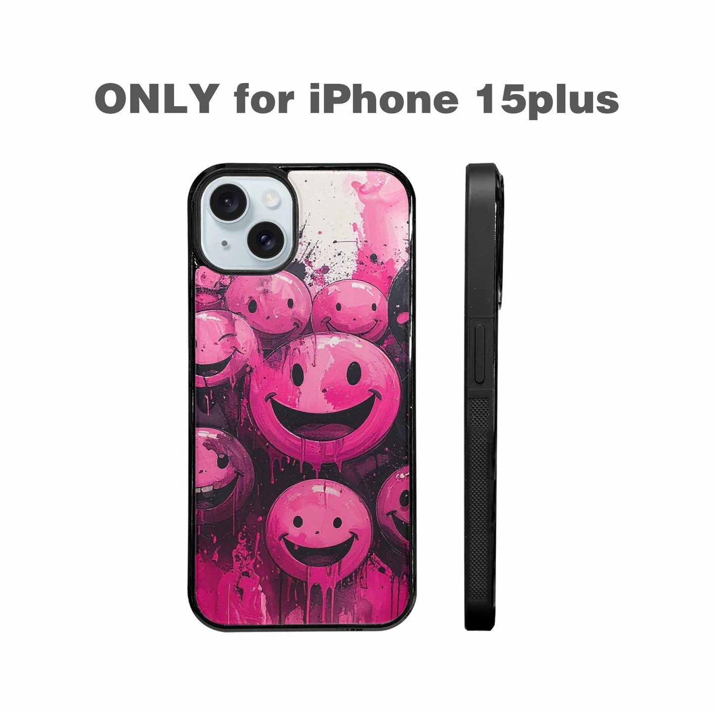 iPhone 15 Plus Case — Melting Moon Smiley Black Pink Ink, Customized Protective Case