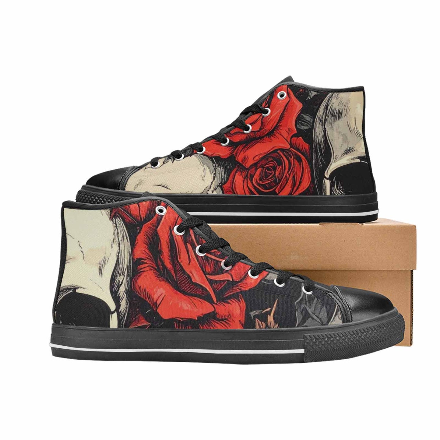 WOMEN'S Skulls Roses Bold Pen Ink High Top Canvas Cottagecore Custom Sneakers