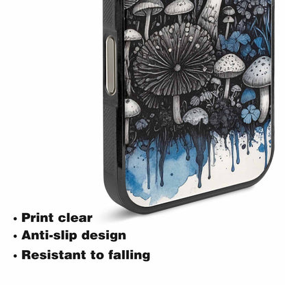 iPhone 15 Pro Max Case — Mushrooms General Black Blue Ink Mushrooms, Custom Designed Case Cover