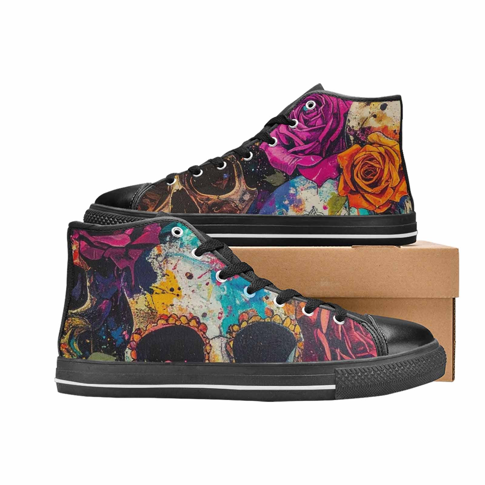 MEN'S Skulls Roses Acid Wash High Top Canvas Grunge Shoes