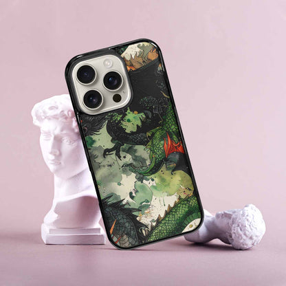 iPhone 16 Pro Case — Dragon Scale Black Green Ink Dragons, Unique Phone Case Design
