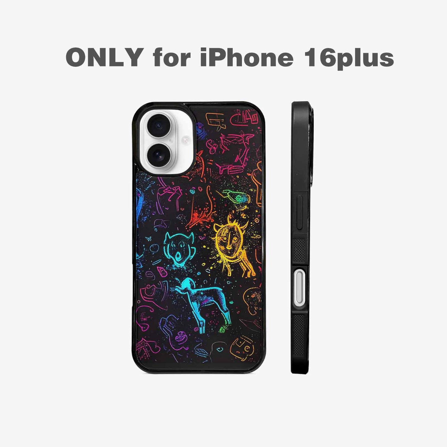 iPhone 16 Plus Case — Neon Glow Outline Icon Pattern Hundreds, Unique Phone Case Design