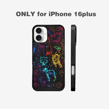 iPhone 16 Plus Case — Neon Glow Outline Icon Pattern Hundreds, Unique Phone Case Design