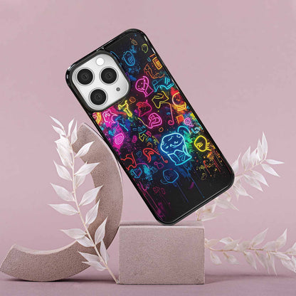 iPhone 15 Pro Max Case — Neon Glow Outline Icon Pattern Hundreds, Custom Art Phone Cover