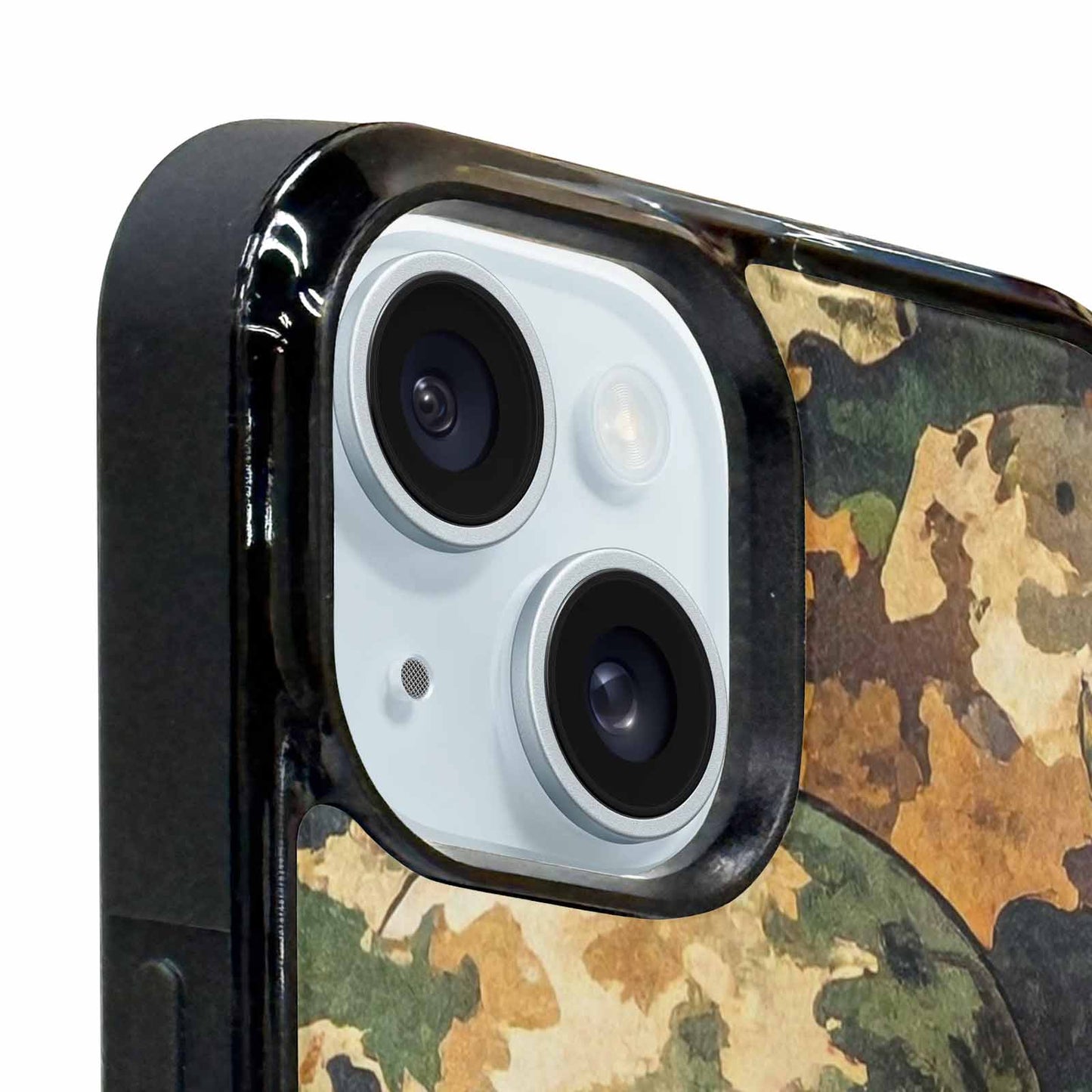 iPhone 15 Case — Military Camo Texture Combined With Distressed, Custom Printed Phone Case