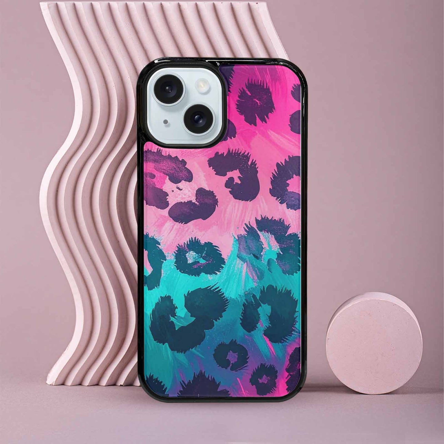 iPhone 15 Case — Leopard Neon Pink Teal Airbrush, Customized Protective Case