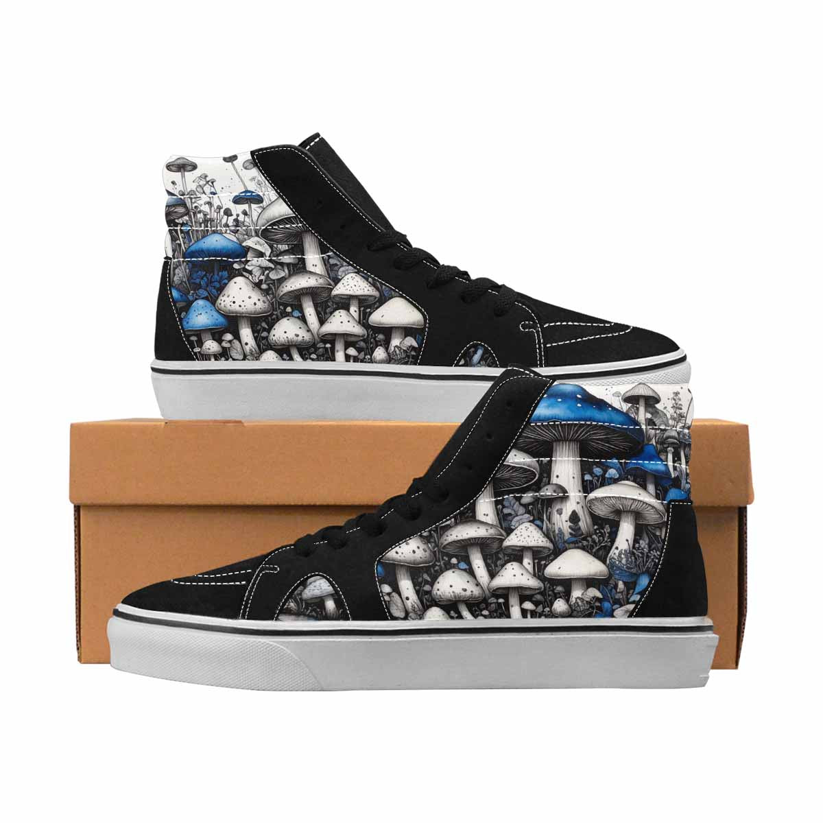 MEN'S Mushrooms Black & Blue Ink High Top Canvas Streetwear Dark Academia Custom Print Sneakers